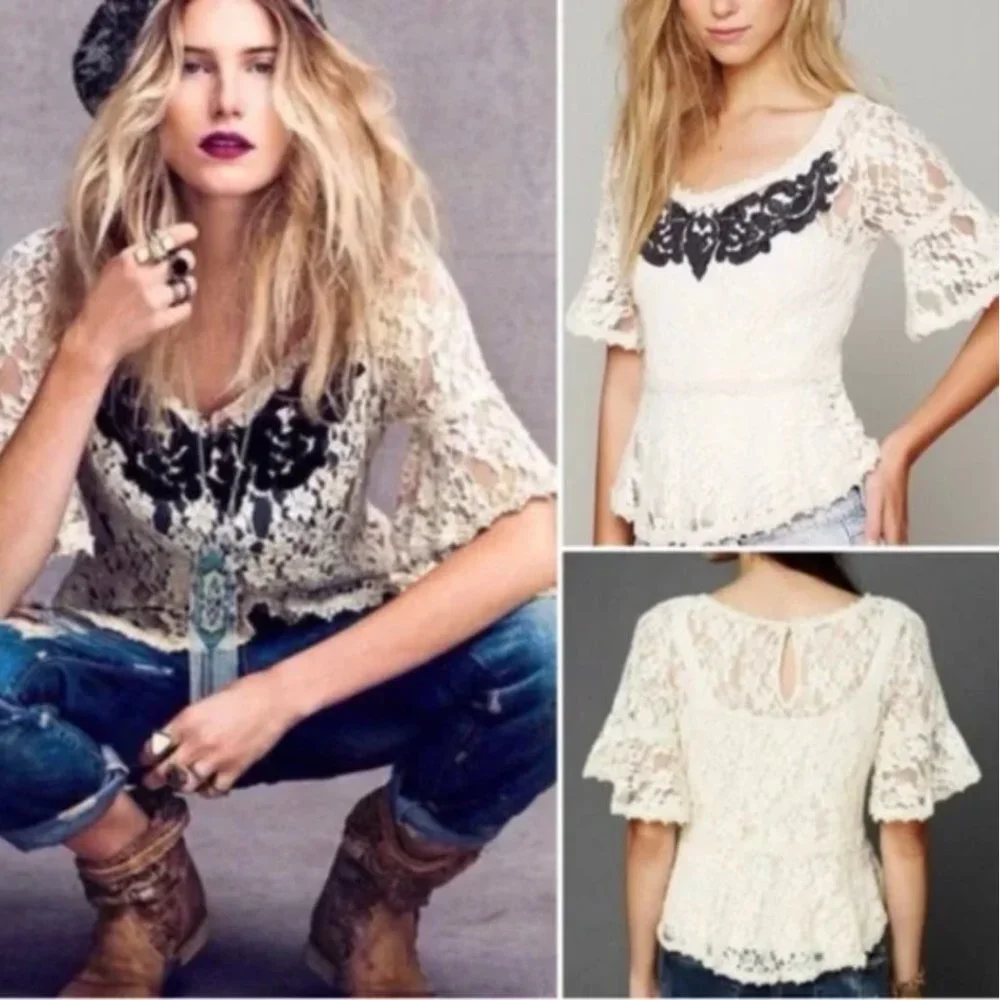 FREE PEOPLE Boho Lace Top szS